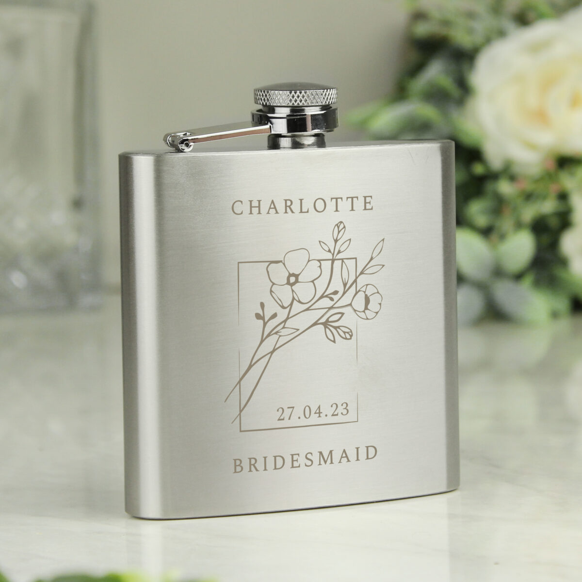 Personalised Monochrome Floral Hip Flask - Image 2