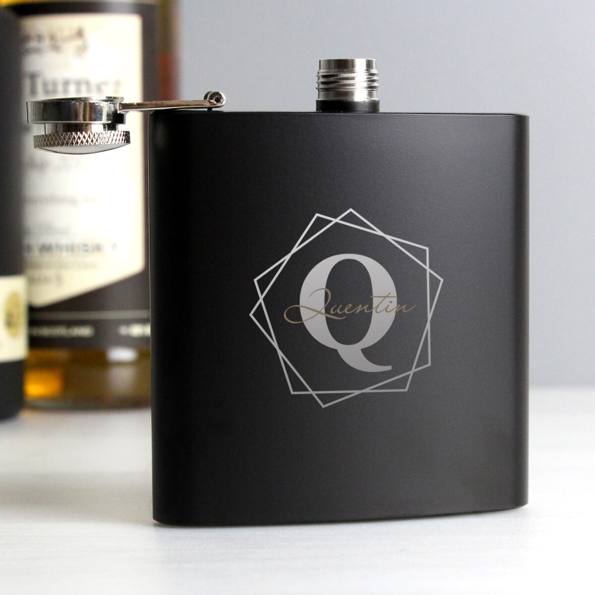 Personalised Geometric Initial Black Hip Flask - Image 2