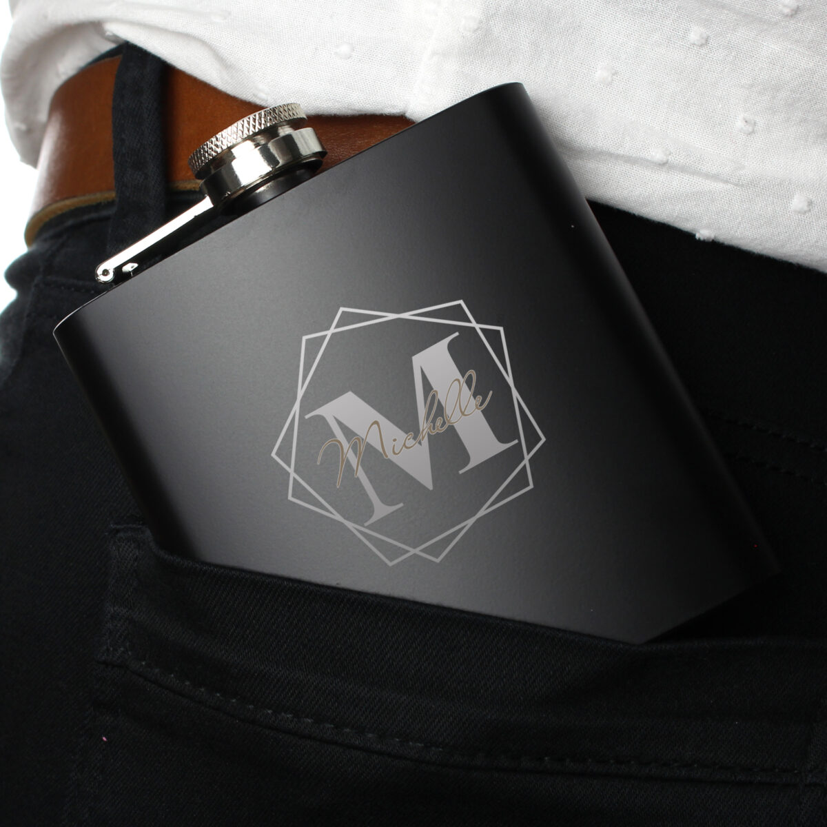 Personalised Geometric Initial Black Hip Flask - Image 3