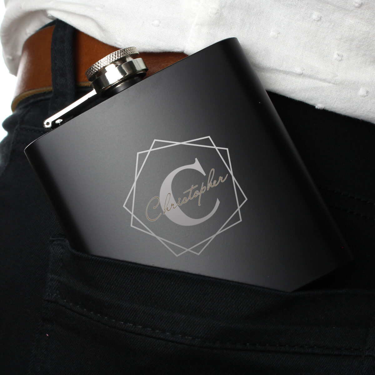 Personalised Geometric Initial Black Hip Flask - Image 5
