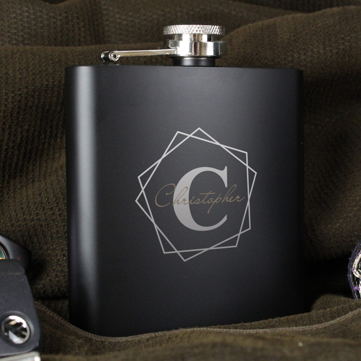 Personalised Geometric Initial Black Hip Flask - Image 6