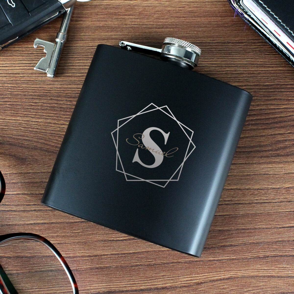 Personalised Geometric Initial Black Hip Flask - Image 7