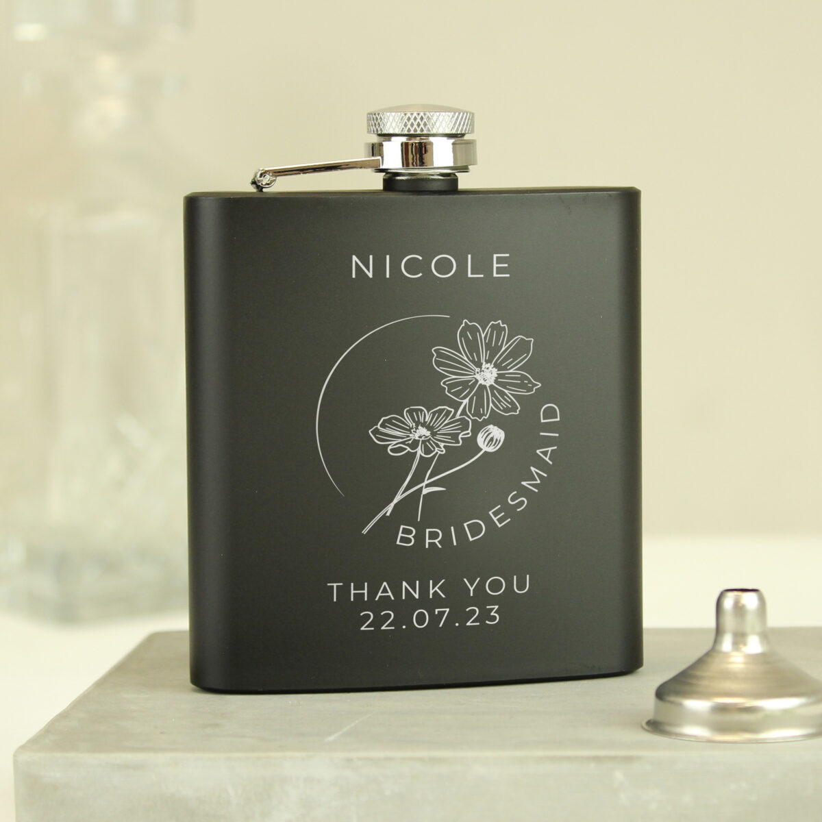 Personalised Monochrome Floral Wedding Party Black Hip Flask - Image 2