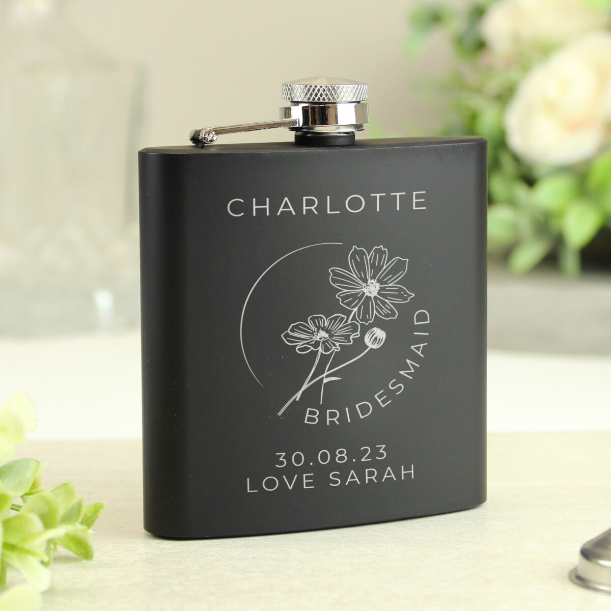 Personalised Monochrome Floral Wedding Party Black Hip Flask - Image 3