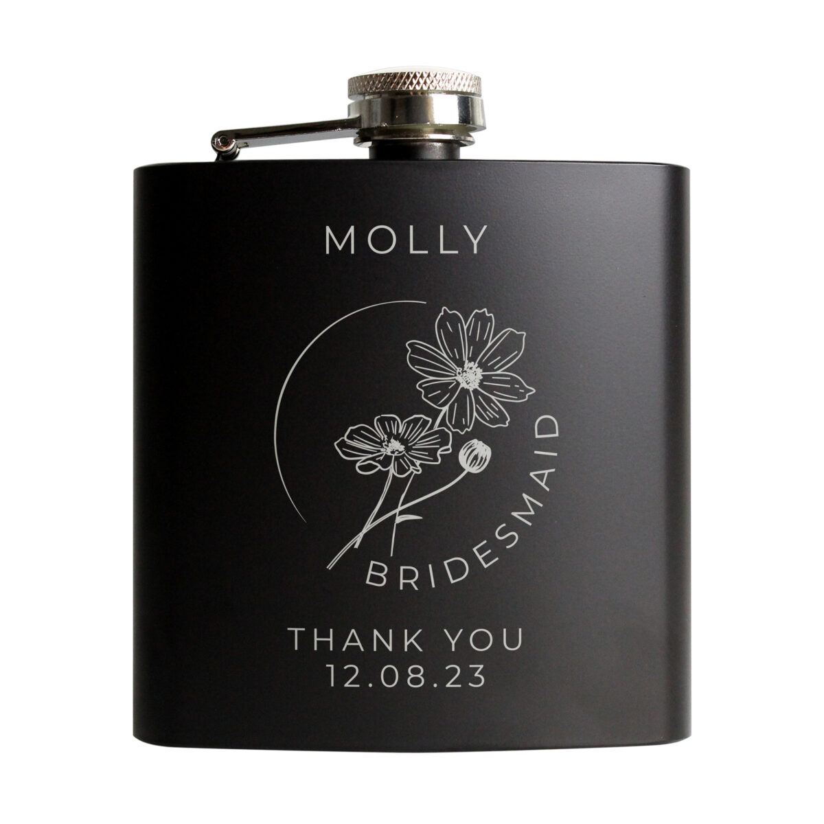 Personalised Monochrome Floral Wedding Party Black Hip Flask - Image 4