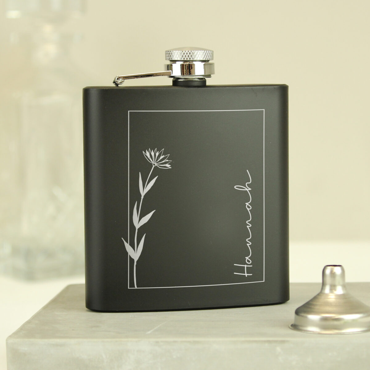 Personalised Monochrome Floral Name Black Hip Flask - Image 2