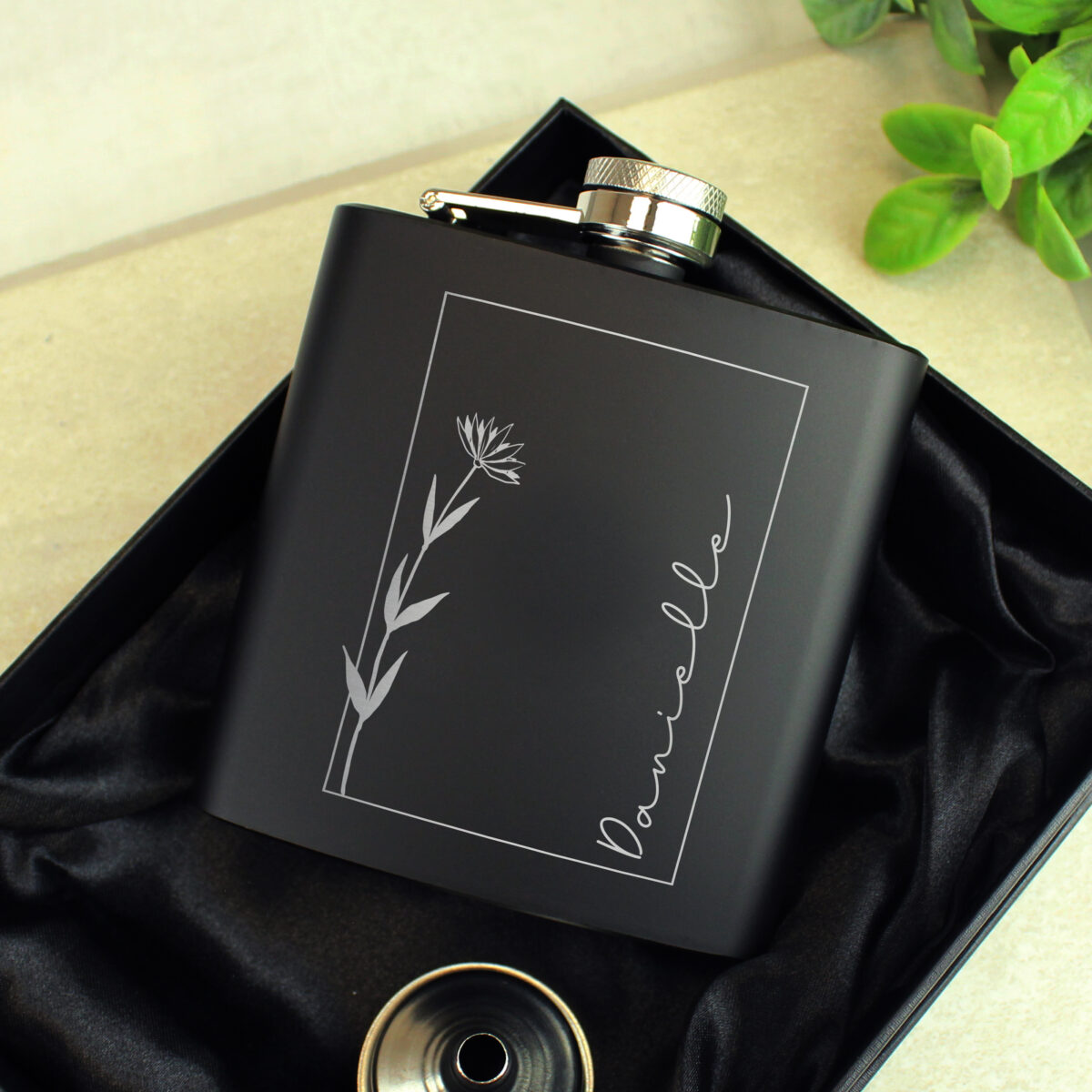 Personalised Monochrome Floral Name Black Hip Flask - Image 3