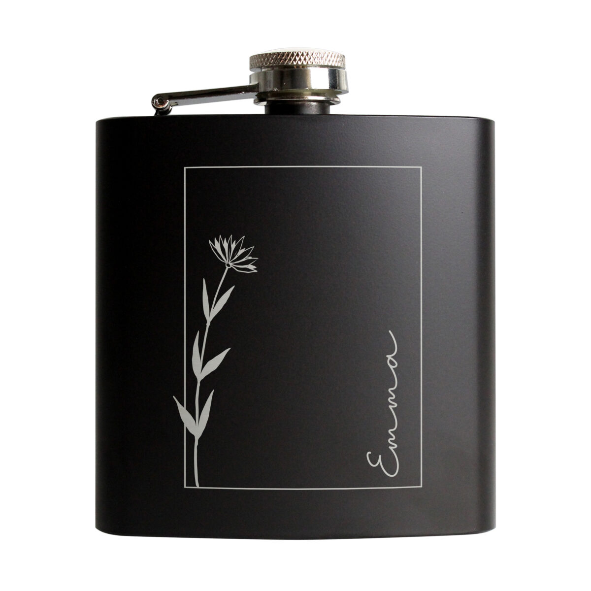 Personalised Monochrome Floral Name Black Hip Flask - Image 4