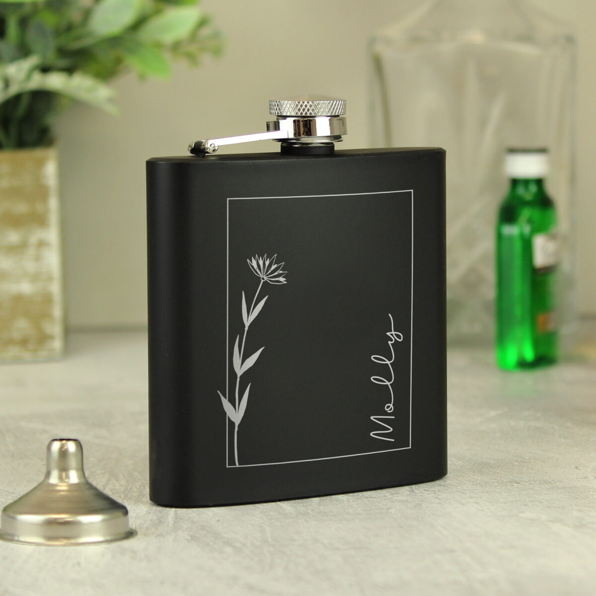 Personalised Monochrome Floral Name Black Hip Flask - Image 5