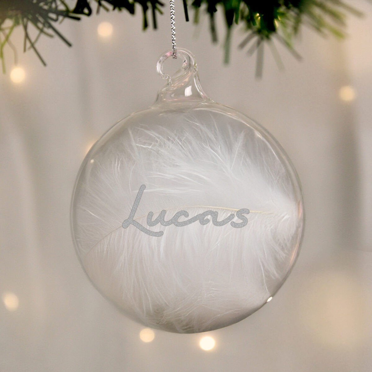 Personalised Silver Glitter Name Only Feather Glass Bauble - Image 2