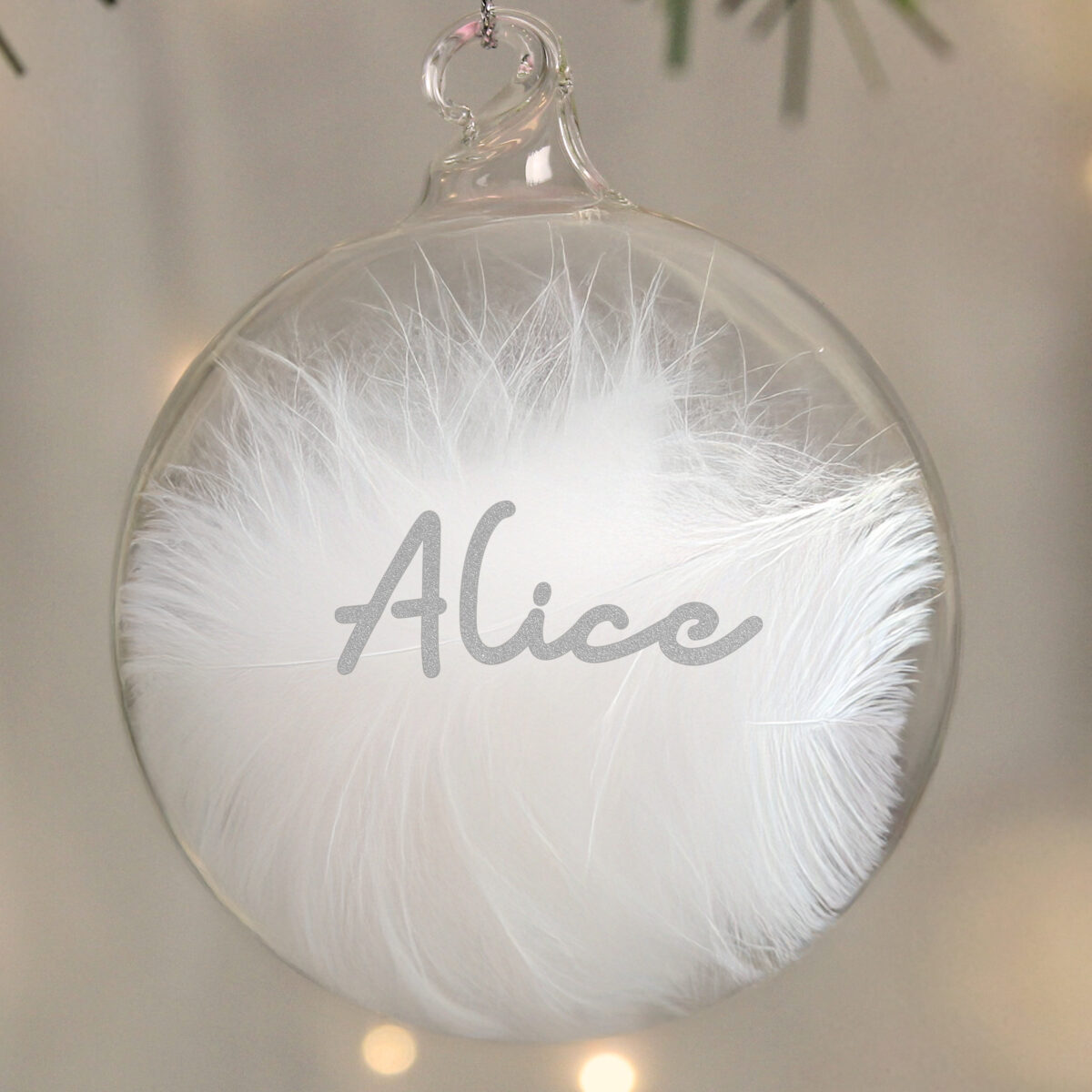 Personalised Silver Glitter Name Only Feather Glass Bauble - Image 3