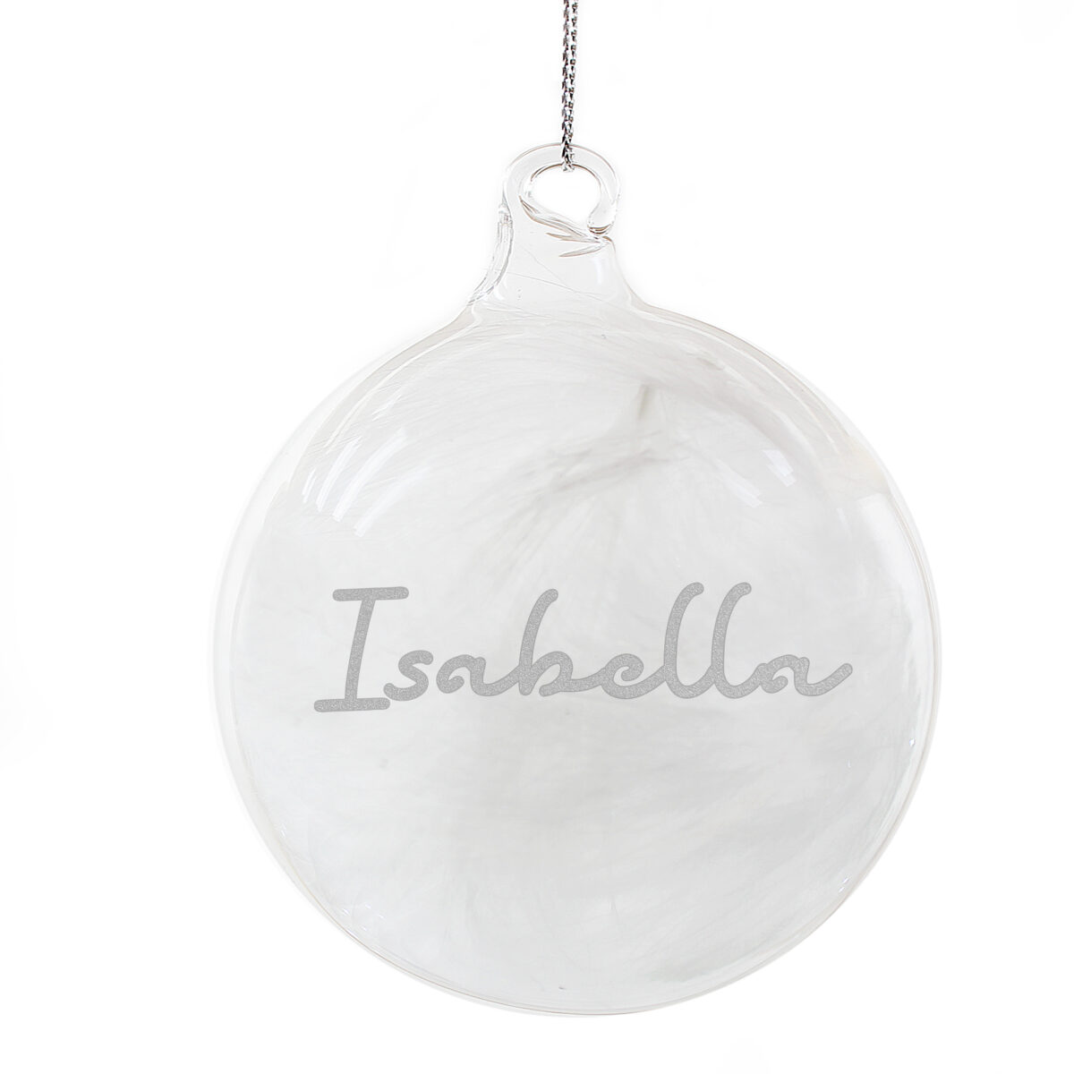 Personalised Silver Glitter Name Only Feather Glass Bauble - Image 4
