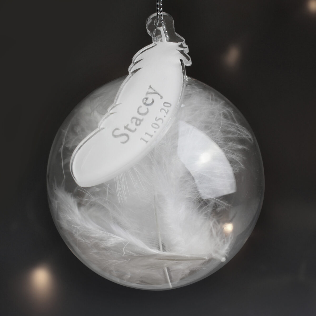 Personalised Name & Date Feather Glass Bauble - Image 2
