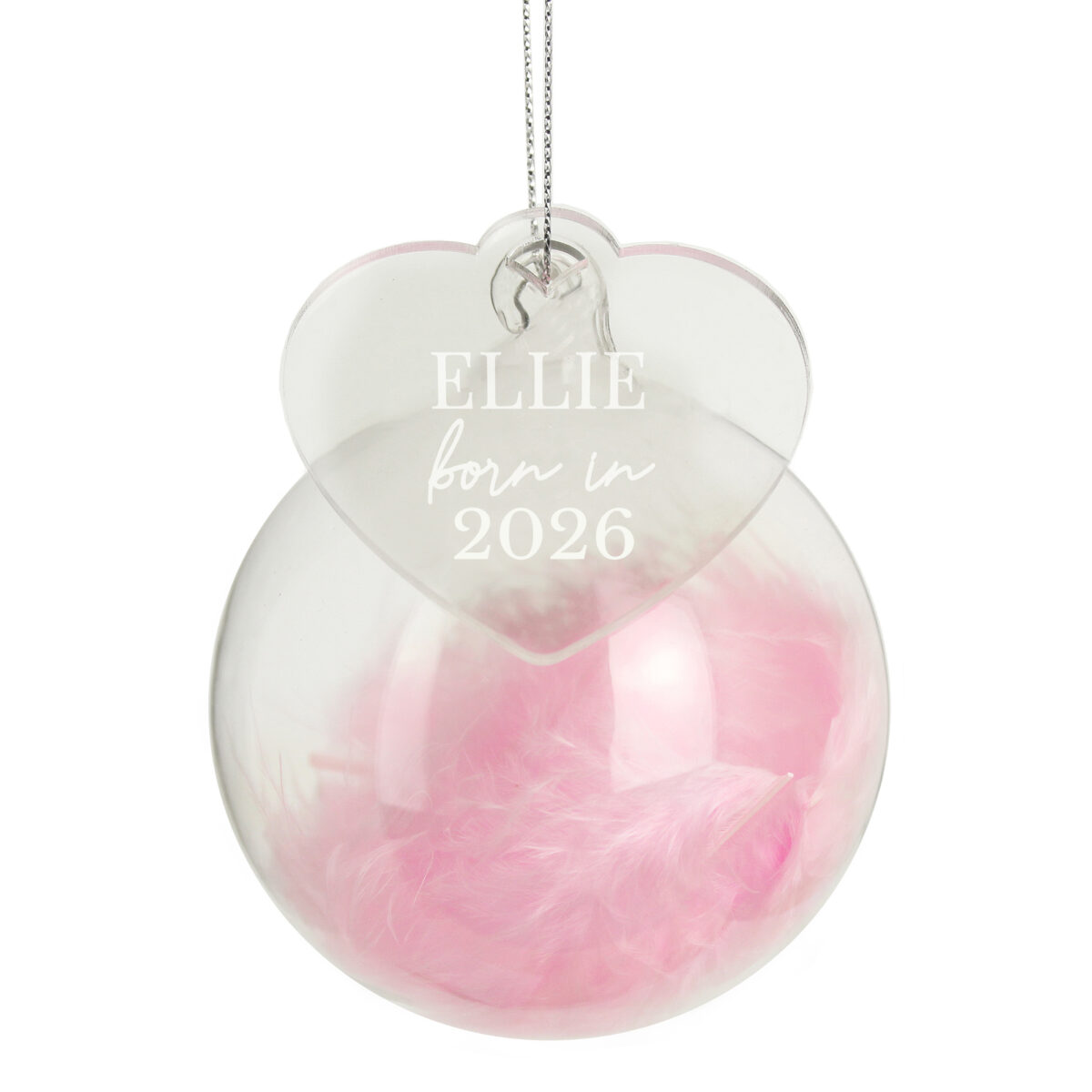 Personalised Born In Pink Feather Glass Bauble With Heart Tag - Image 2