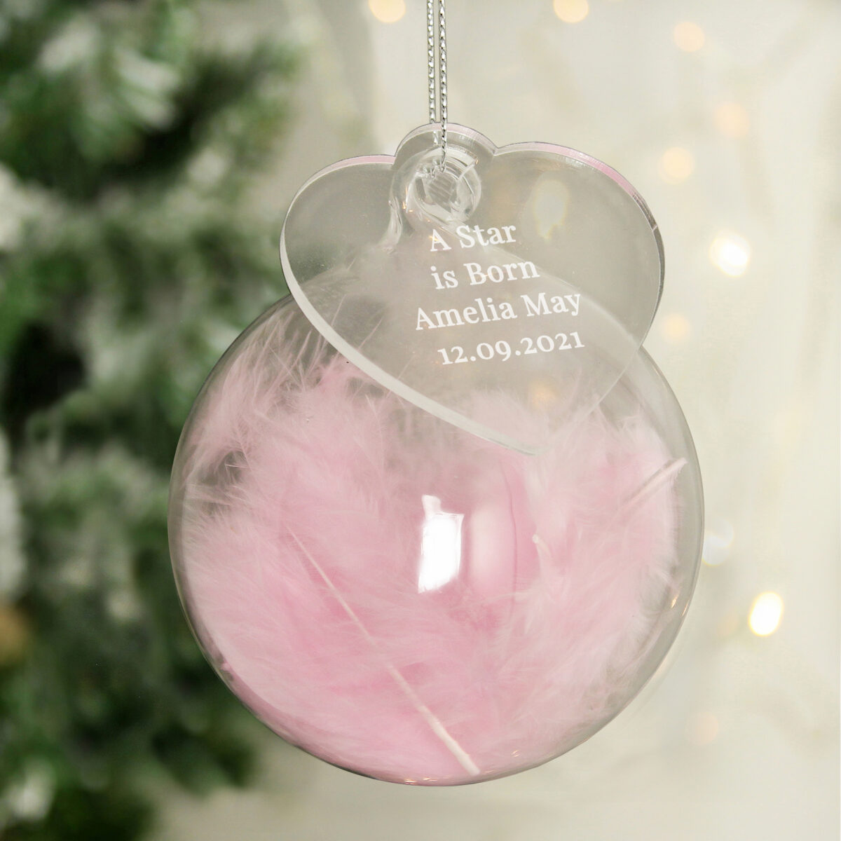 Personalised Free Text Pink Feather Glass Bauble With Heart Tag - Image 2