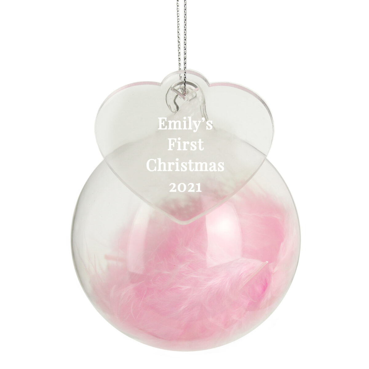 Personalised Free Text Pink Feather Glass Bauble With Heart Tag - Image 4