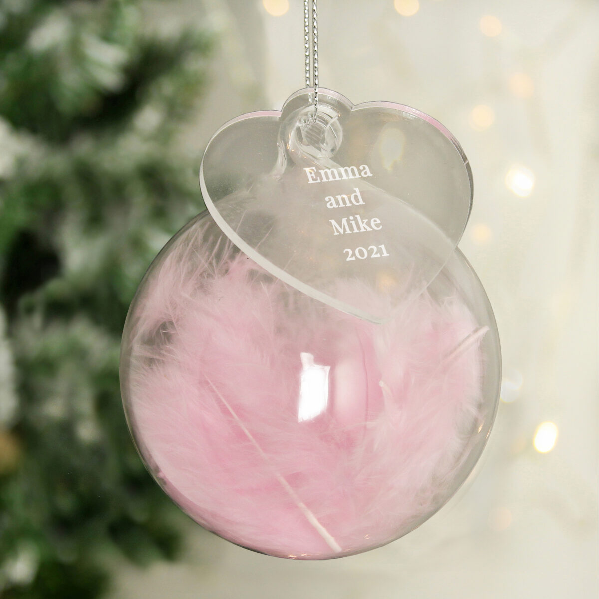 Personalised Free Text Pink Feather Glass Bauble With Heart Tag - Image 5