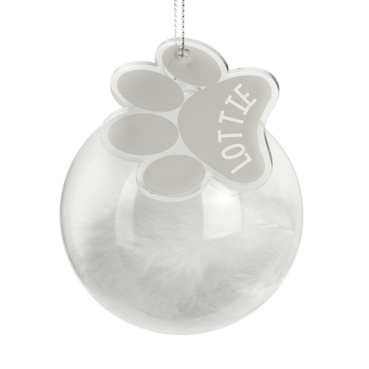 Personalised Pets White Feather Glass Bauble With Paw Print Tag - Image 2