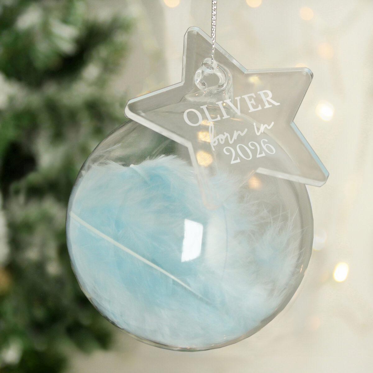 Personalised Born In Blue Feather Glass Bauble With Star Tag - Image 2