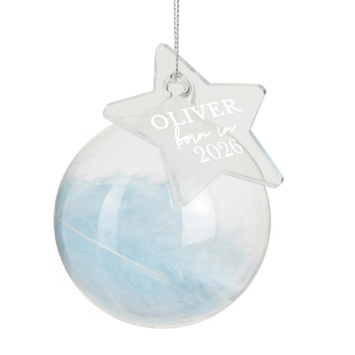 Personalised Born In Blue Feather Glass Bauble With Star Tag - Image 3