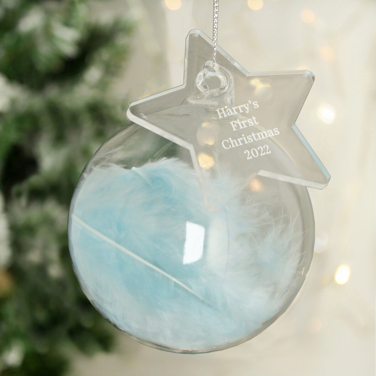 Personalised Free Text Blue Feather Glass Bauble With Star Tag - Image 2