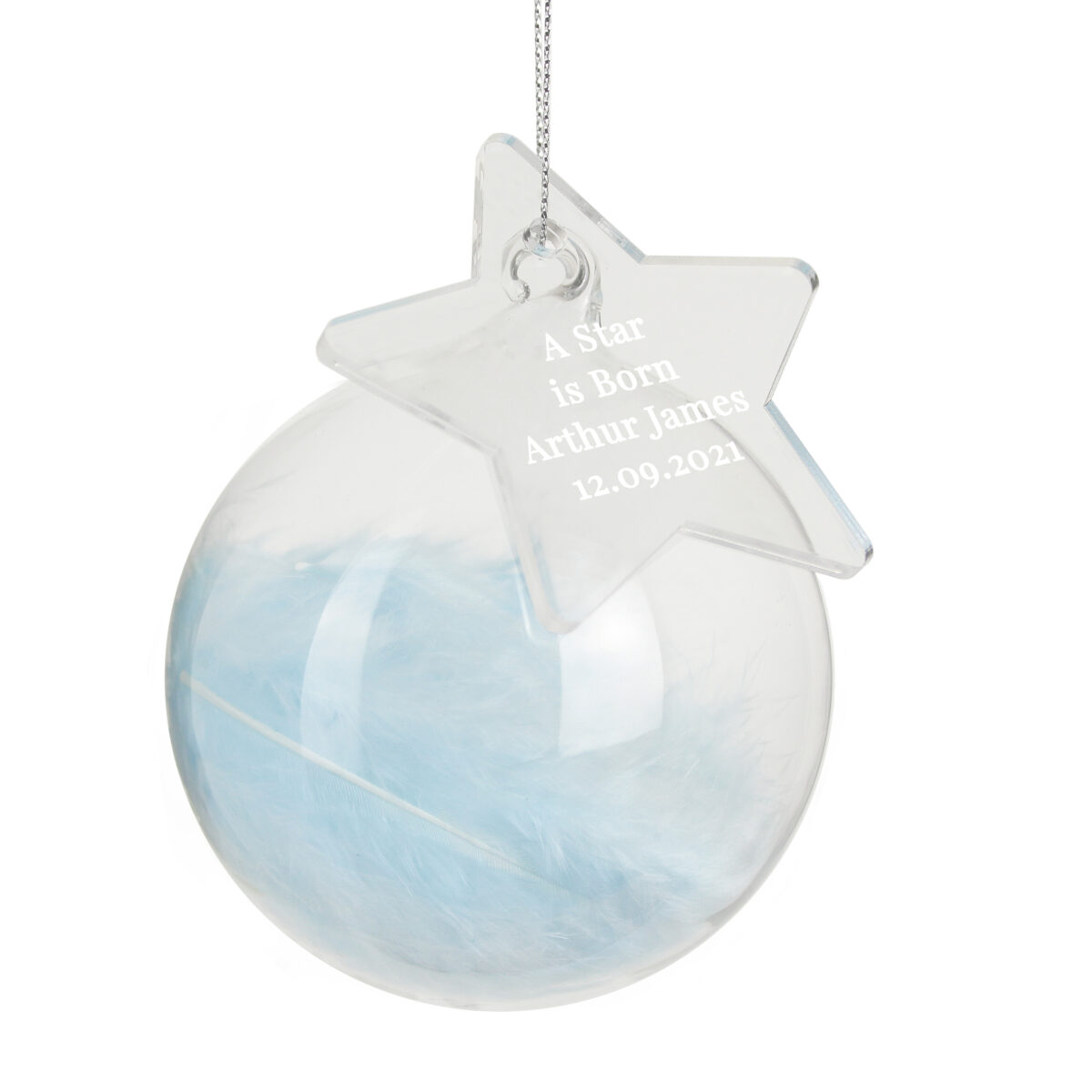 Personalised Free Text Blue Feather Glass Bauble With Star Tag - Image 4