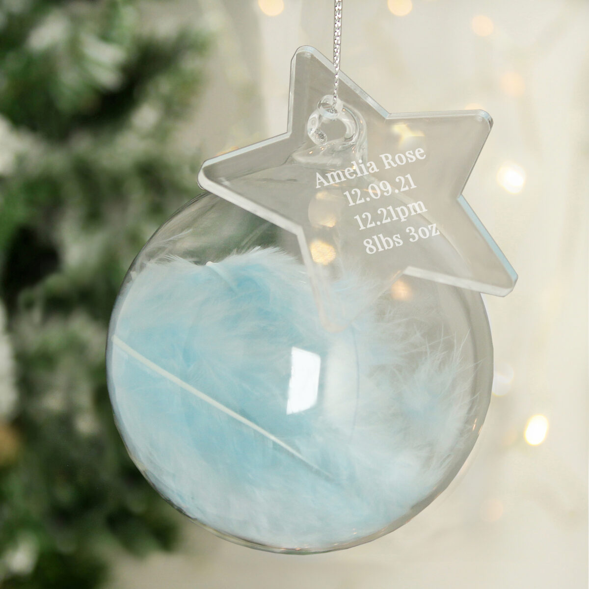 Personalised Free Text Blue Feather Glass Bauble With Star Tag - Image 5