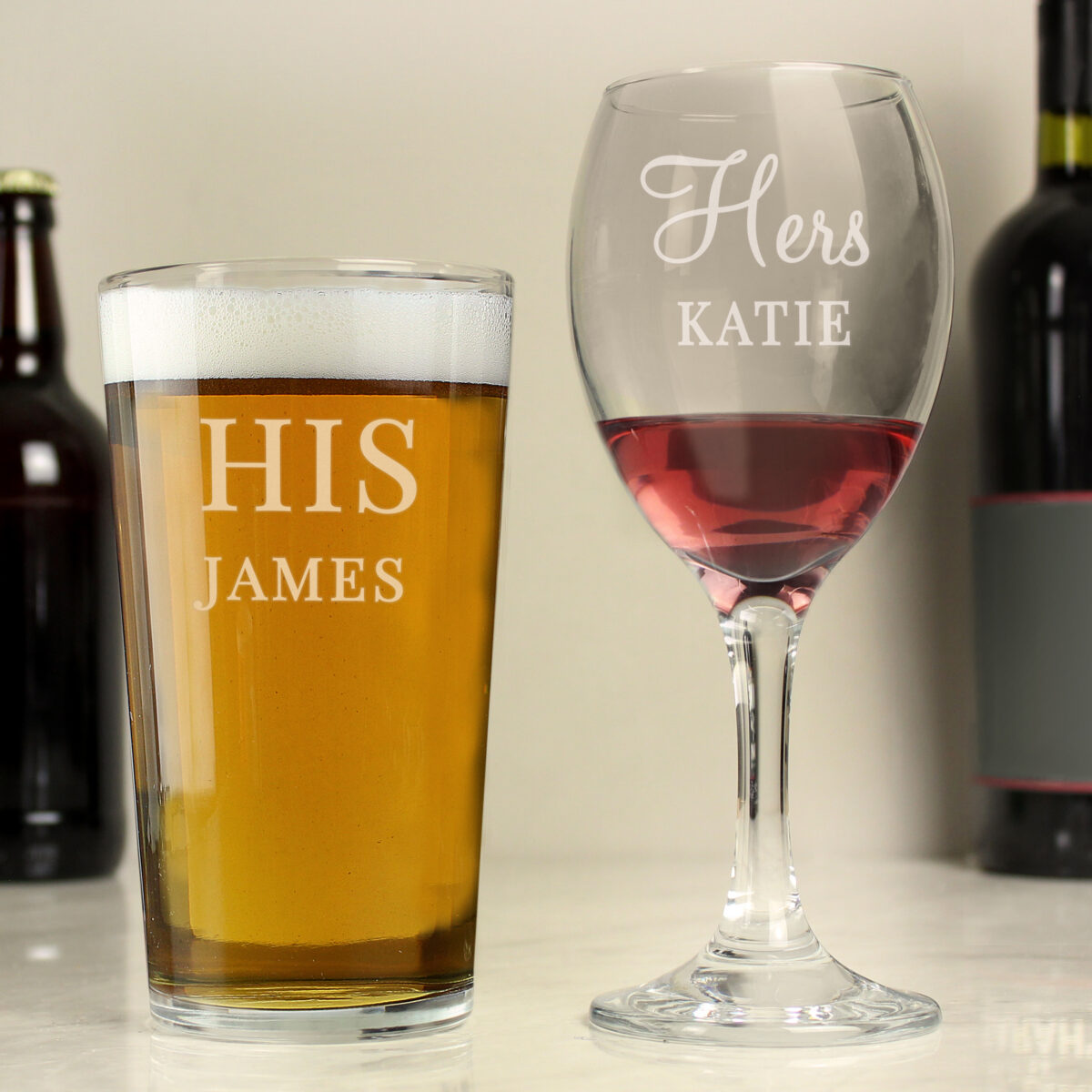Personalised His & Her Pint and Wine Glass Set - Image 3