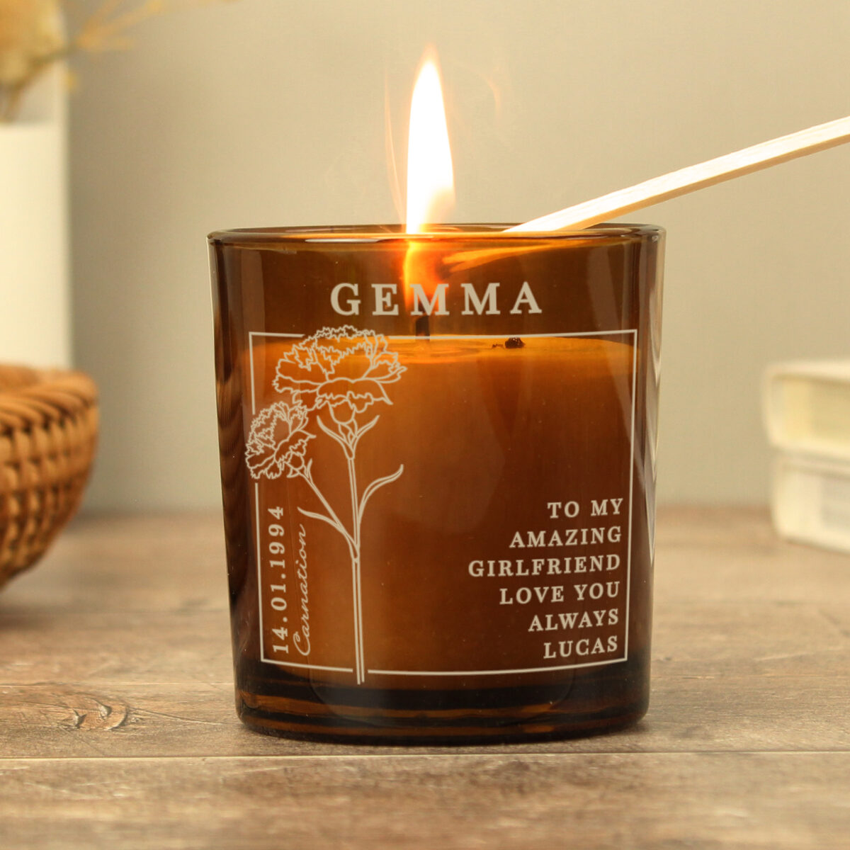 Personalised January Birth Flower Amber Glass Candle - Image 2