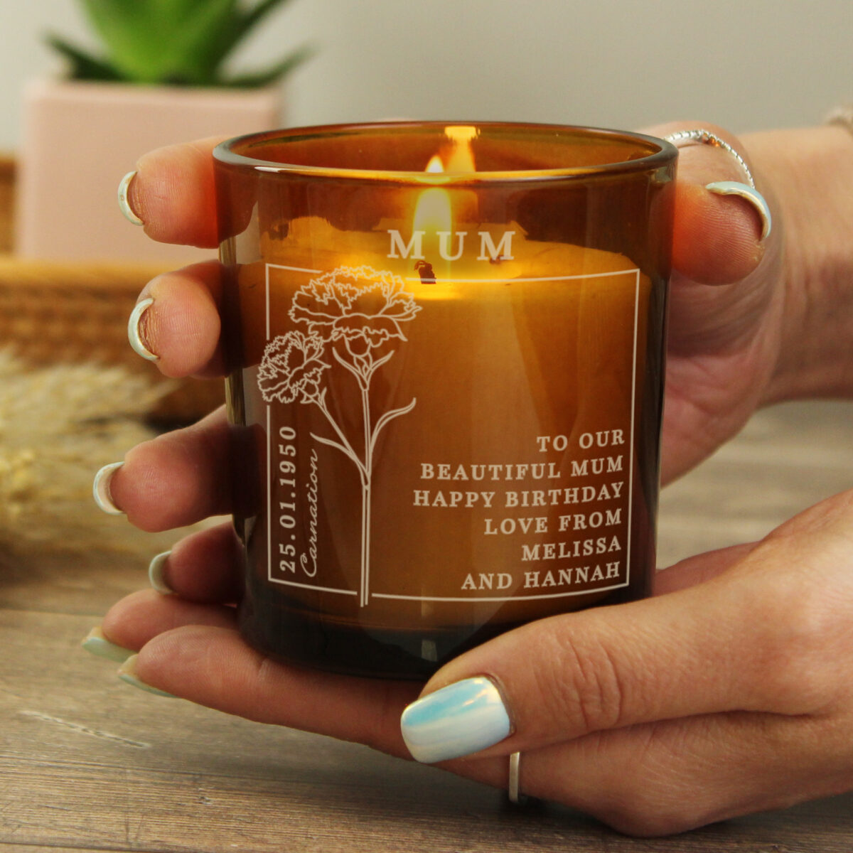 Personalised January Birth Flower Amber Glass Candle - Image 3