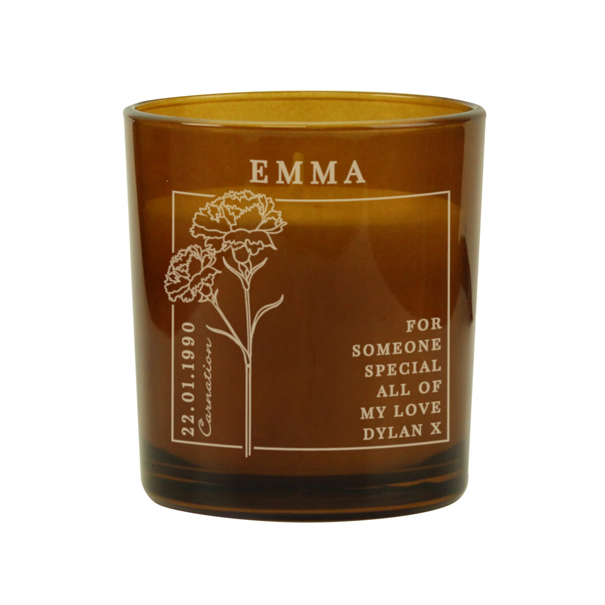 Personalised January Birth Flower Amber Glass Candle - Image 4