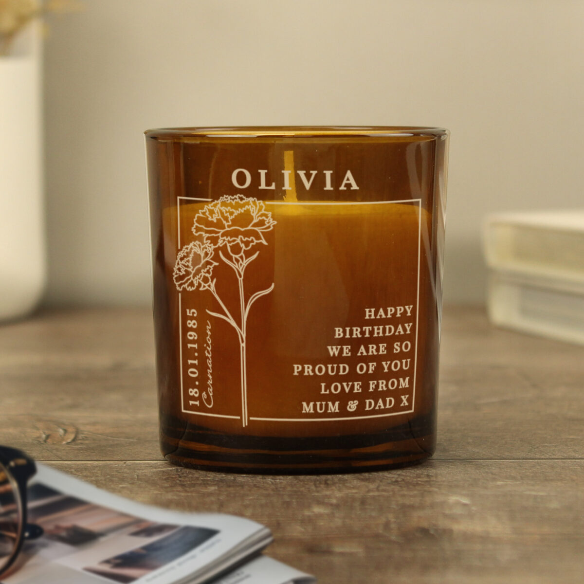 Personalised January Birth Flower Amber Glass Candle - Image 6