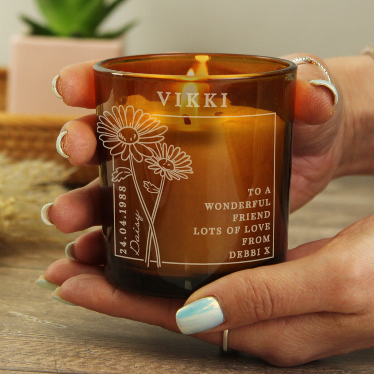 Personalised April Birth Flower Amber Glass Candle - Image 3