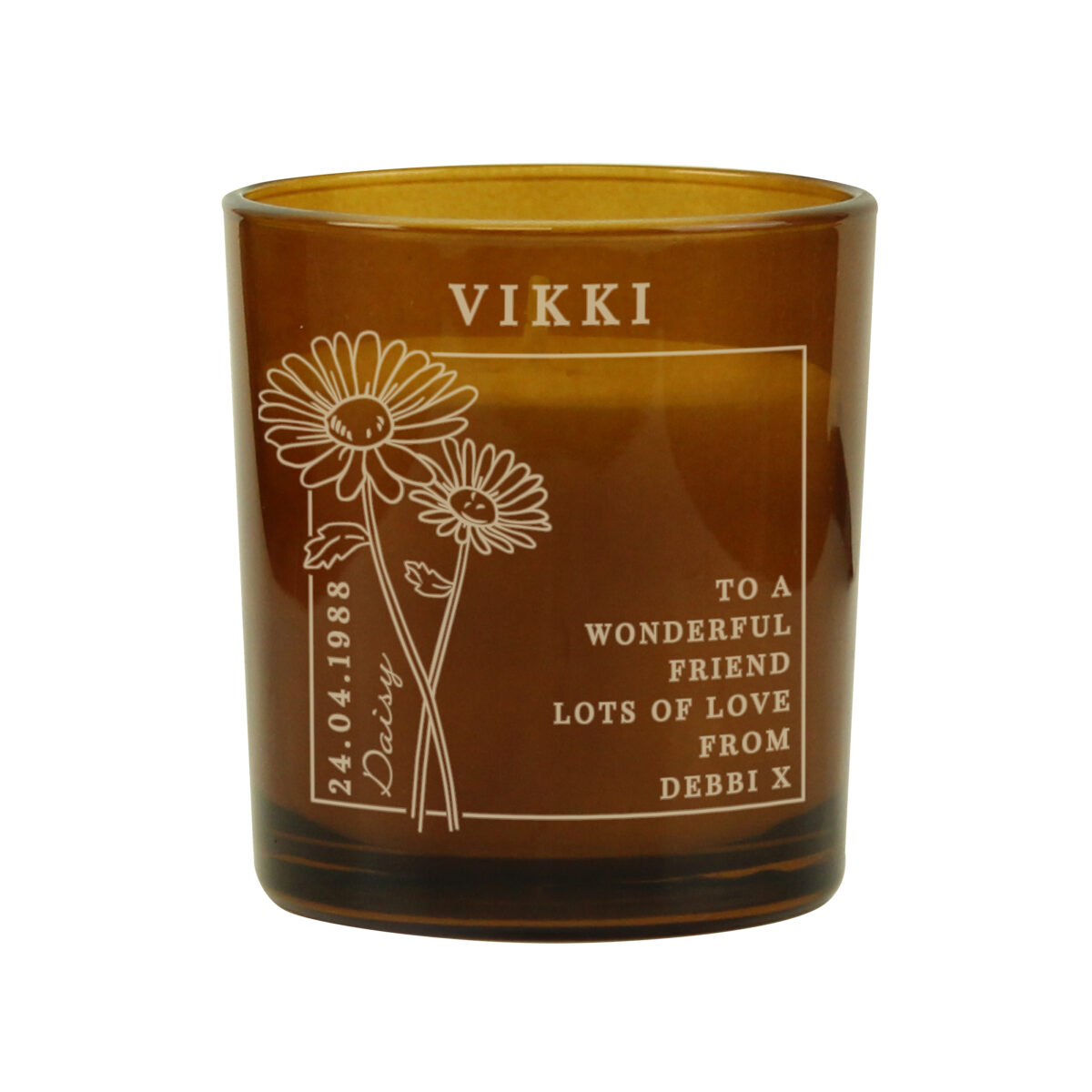 Personalised April Birth Flower Amber Glass Candle - Image 4