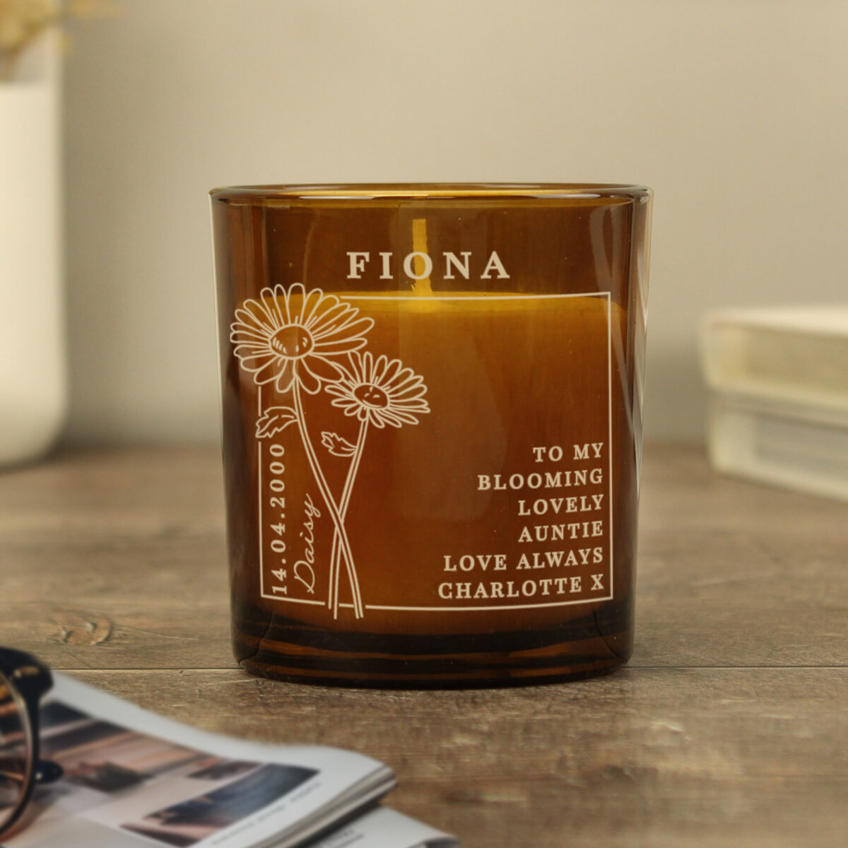 Personalised April Birth Flower Amber Glass Candle - Image 5