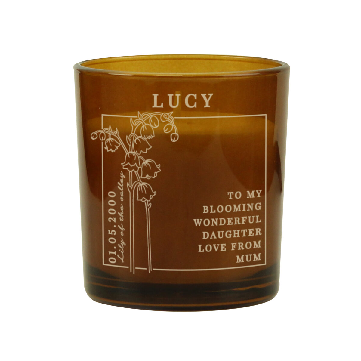 Personalised May Birth Flower Amber Glass Candle - Image 4