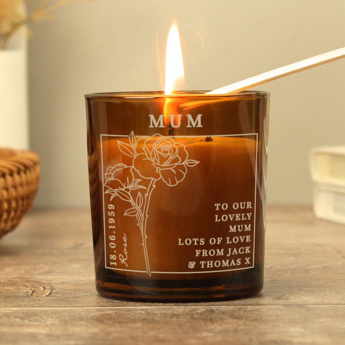 Personalised June Birth Flower Amber Glass Candle - Image 2