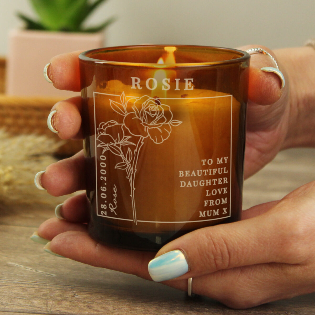 Personalised June Birth Flower Amber Glass Candle - Image 3