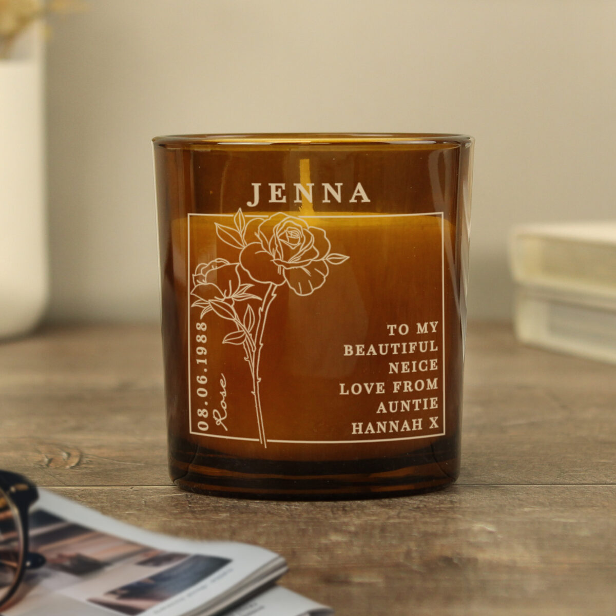 Personalised June Birth Flower Amber Glass Candle - Image 5