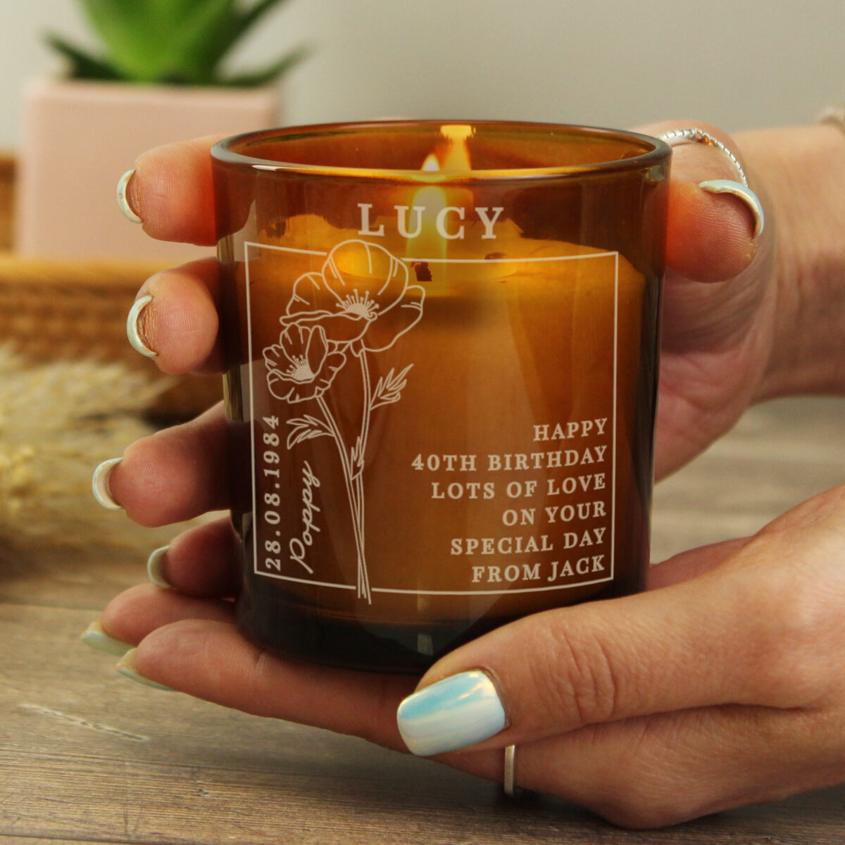 Personalised August Birth Flower Amber Glass Candle - Image 3
