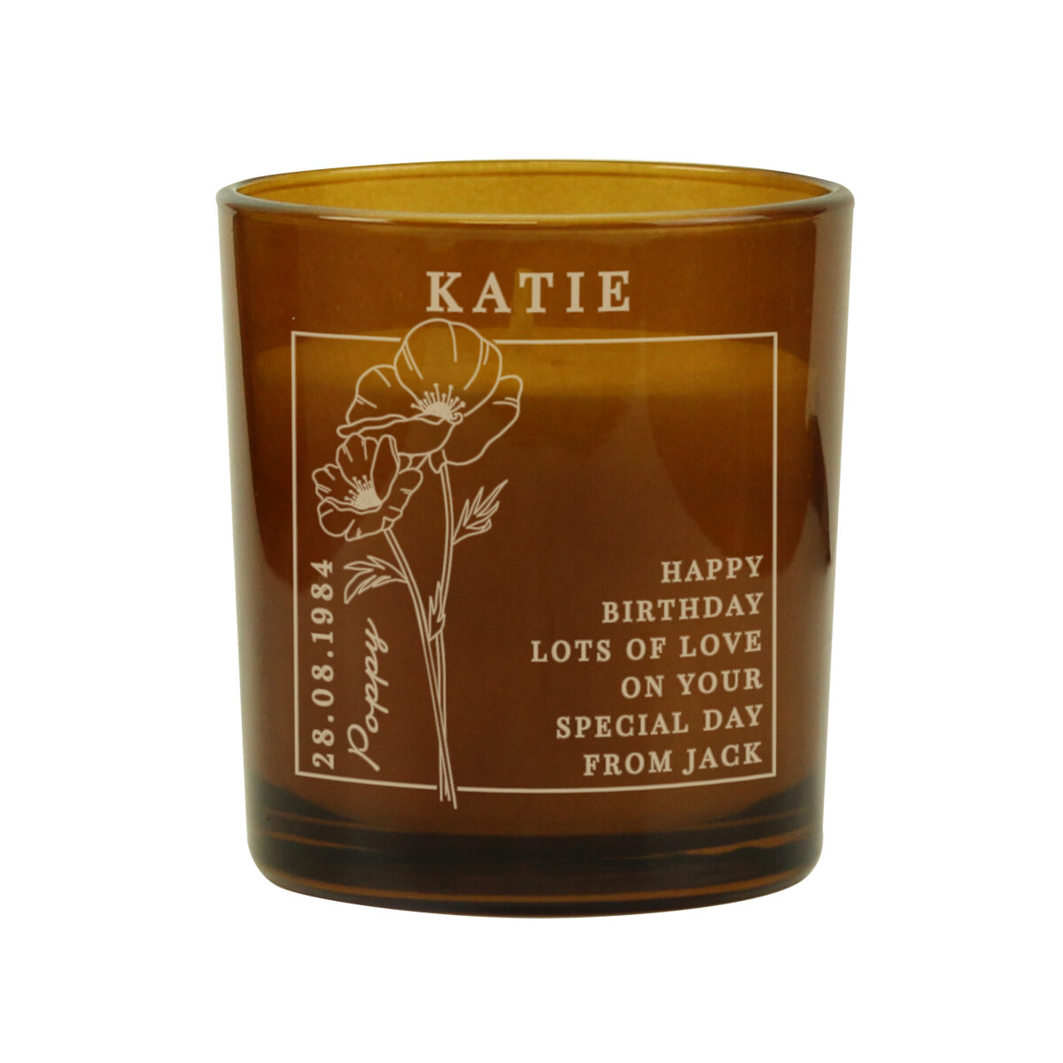 Personalised August Birth Flower Amber Glass Candle - Image 4