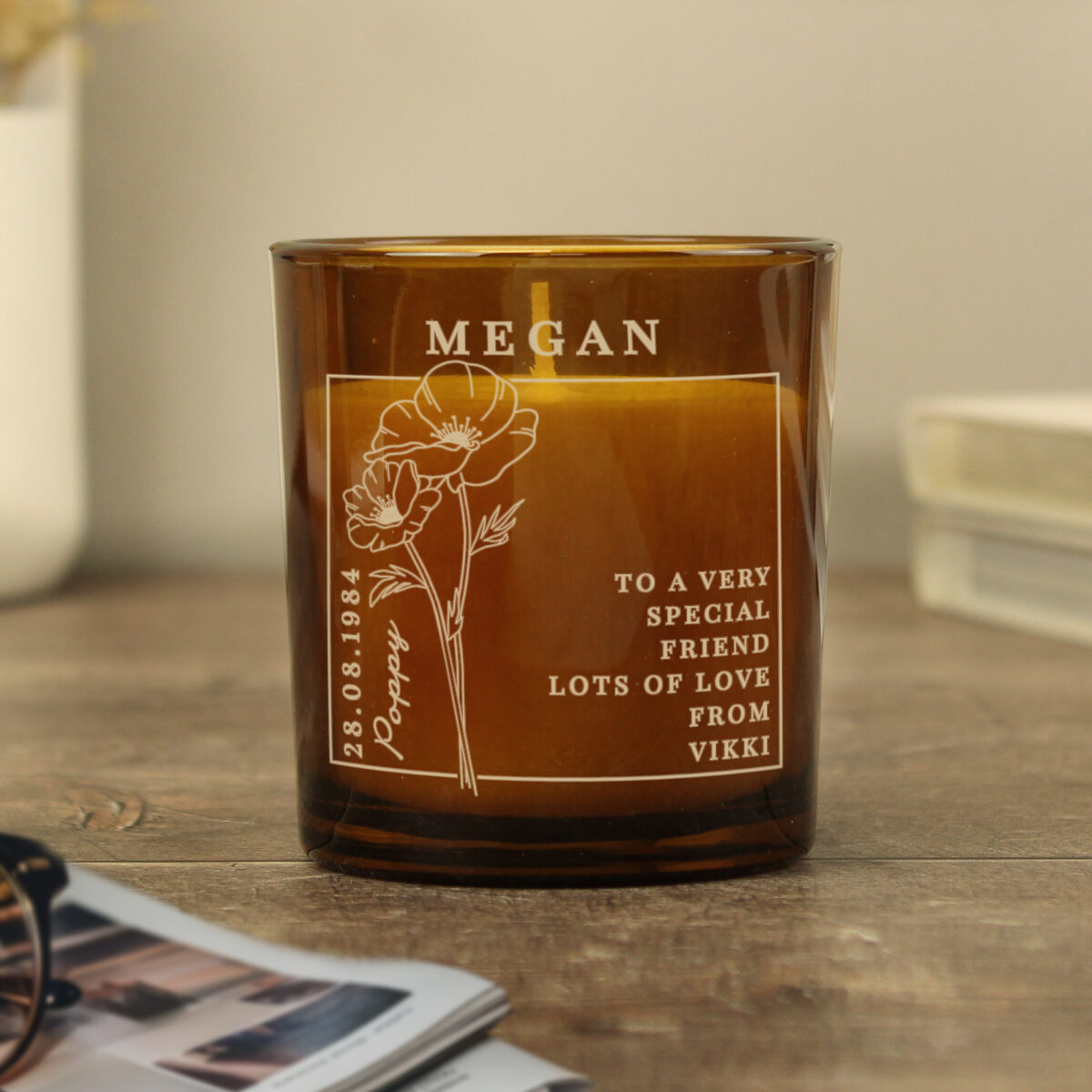 Personalised August Birth Flower Amber Glass Candle - Image 5