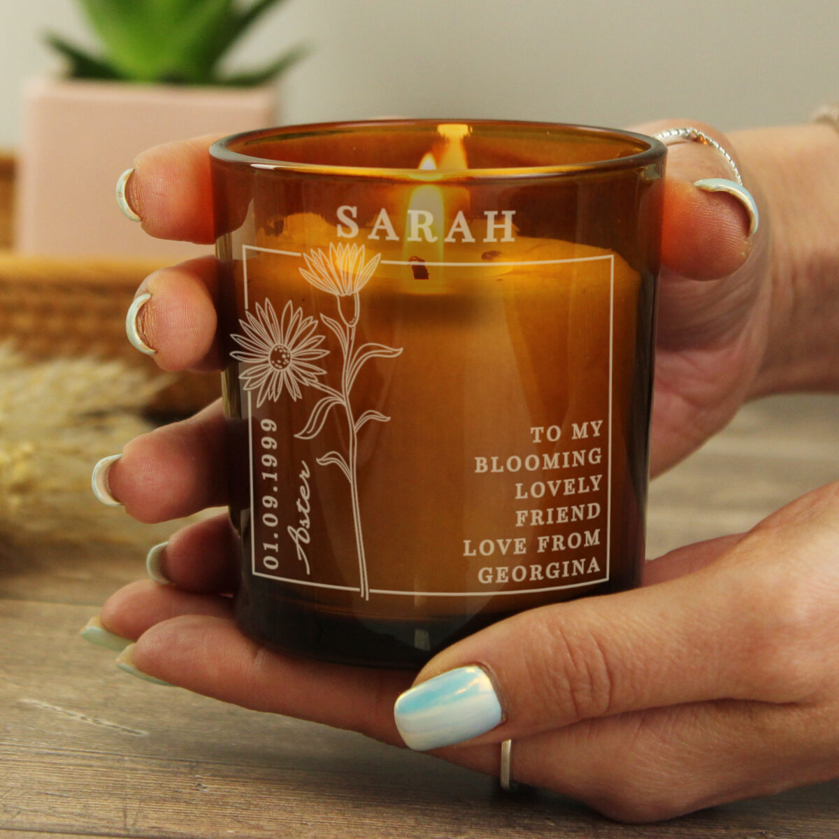 Personalised September Birth Flower Amber Glass Candle - Image 3