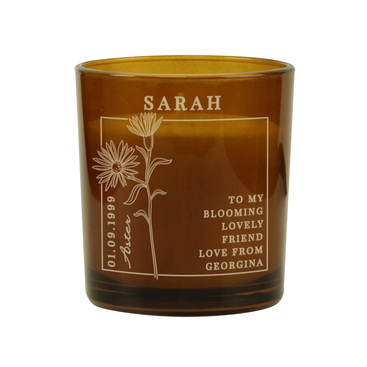 Personalised September Birth Flower Amber Glass Candle - Image 4