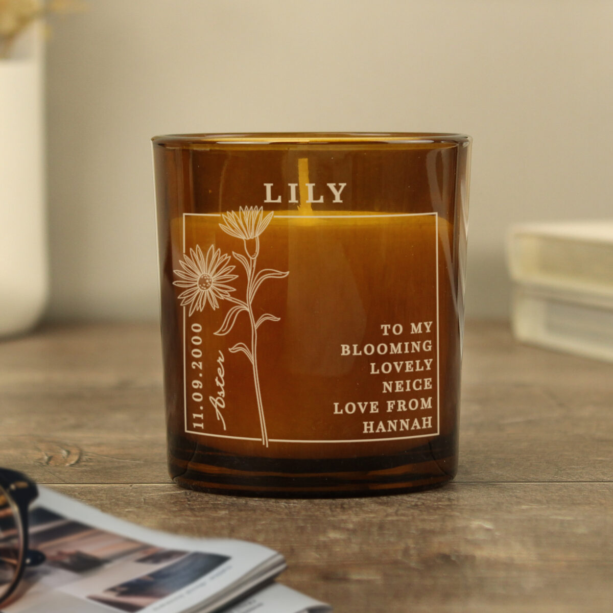 Personalised September Birth Flower Amber Glass Candle - Image 5