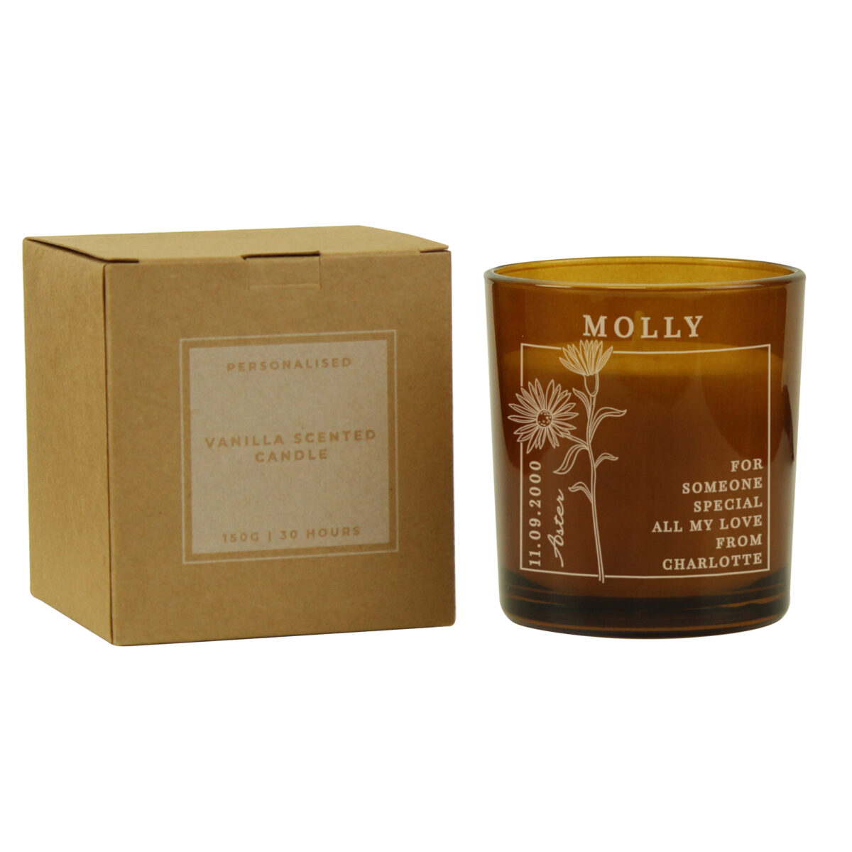 Personalised September Birth Flower Amber Glass Candle - Image 6