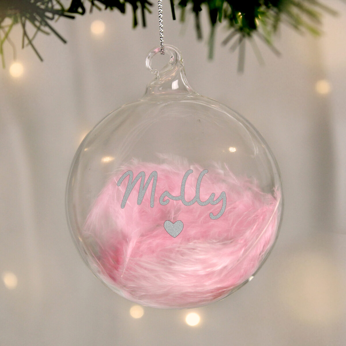 Personalised Pink Feather Silver Heart Glass Bauble - Image 2