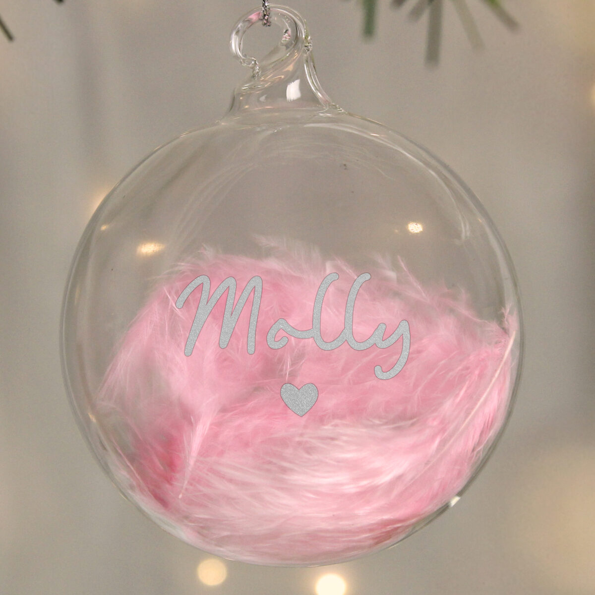 Personalised Pink Feather Silver Heart Glass Bauble - Image 3
