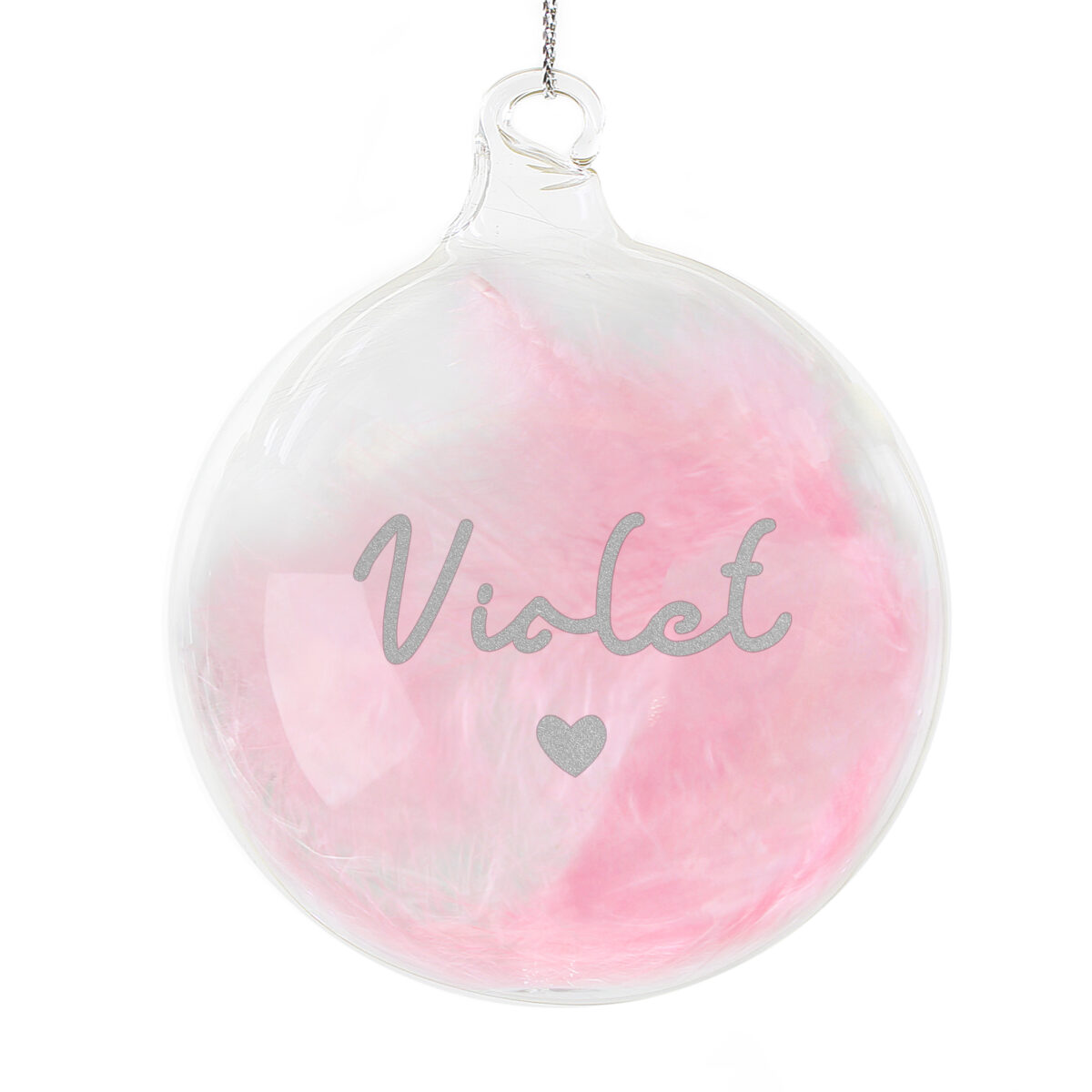 Personalised Pink Feather Silver Heart Glass Bauble - Image 4