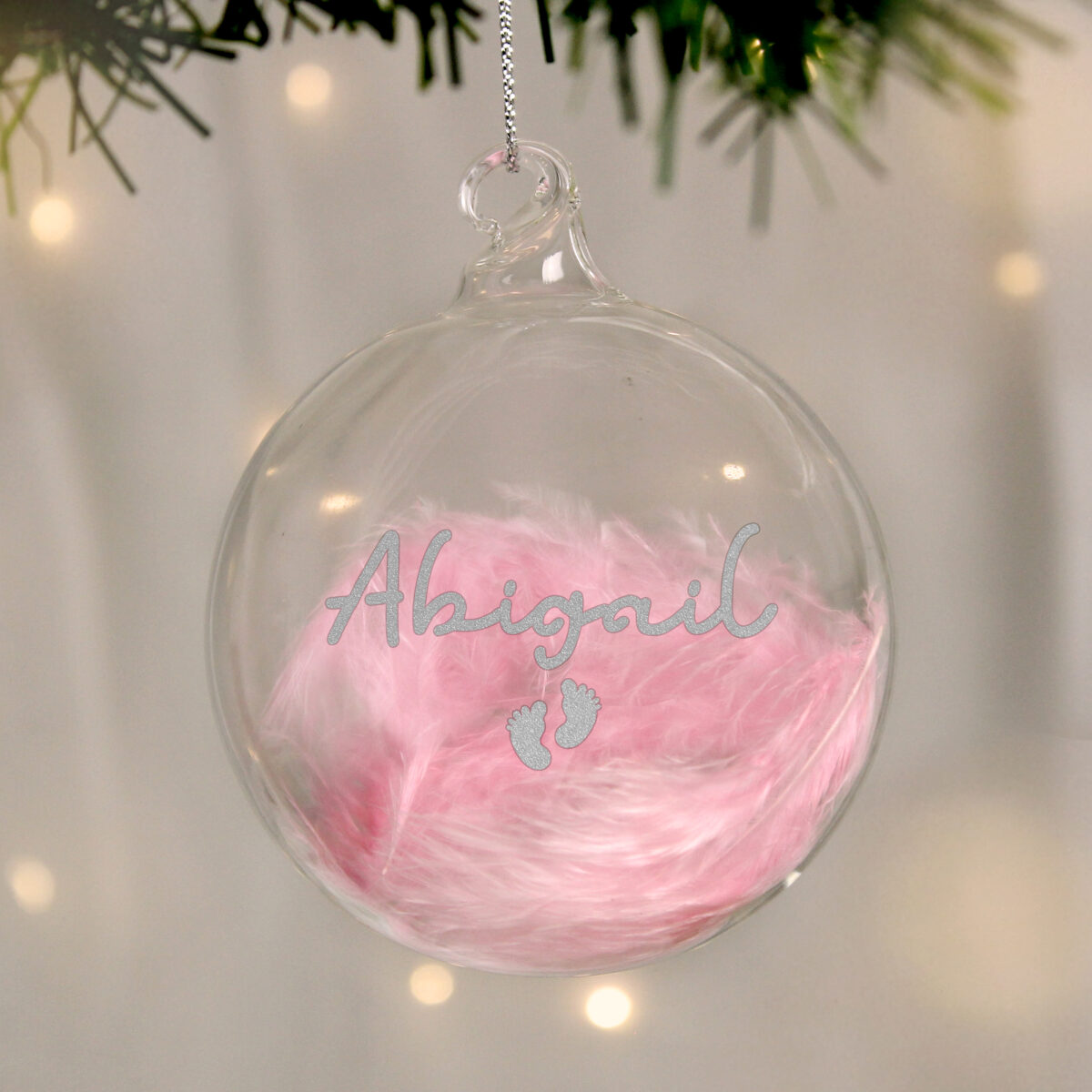 Personalised Pink Feather Silver Footprints Glass Bauble - Image 2